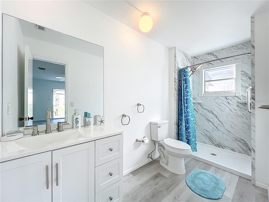 Bathroom, Interior, Marble Walls, Wood Texture Flooring