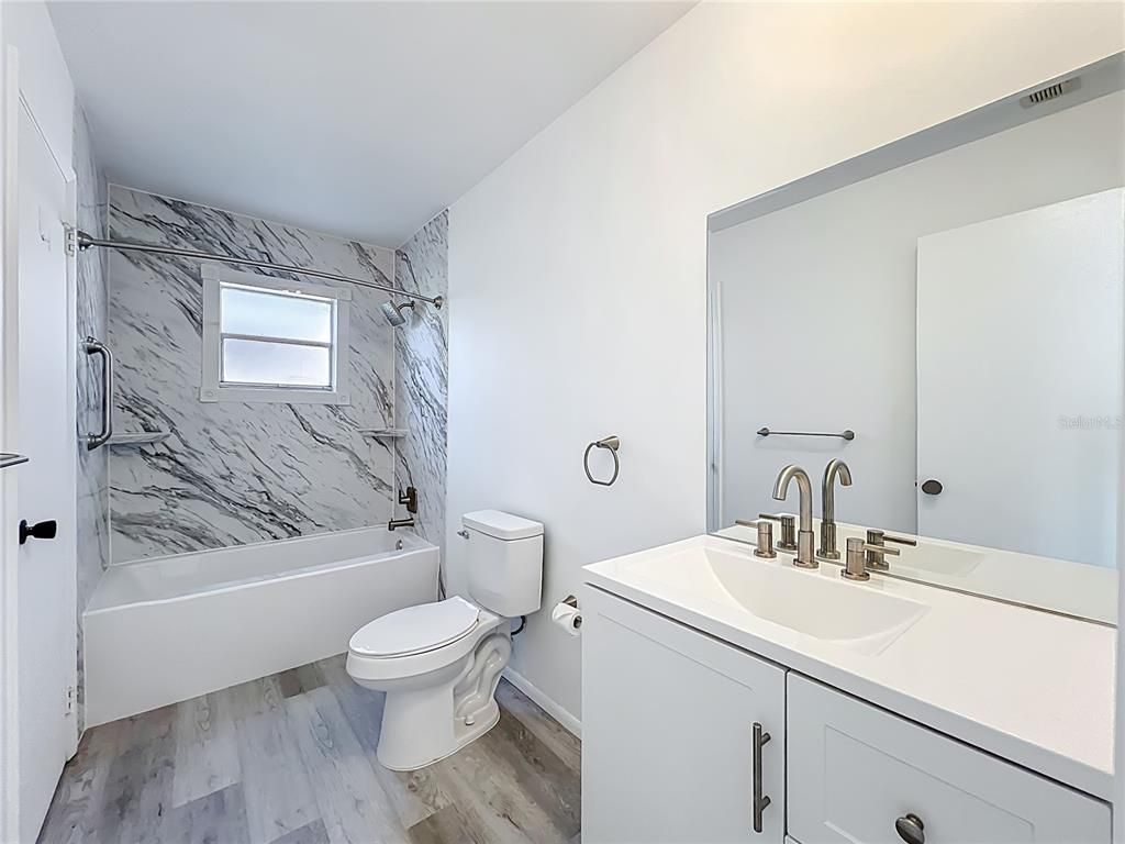 Bathroom, Interior, Marble Walls, Wood Texture Flooring