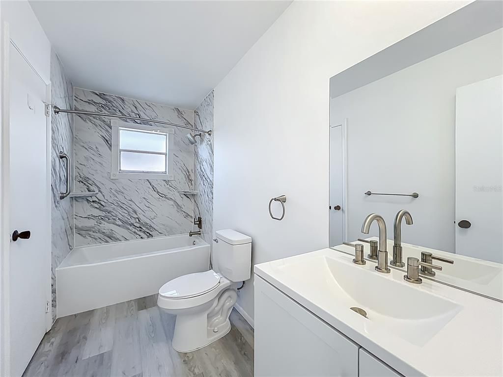 Bathroom, Interior, Marble Walls, Wood Texture Flooring