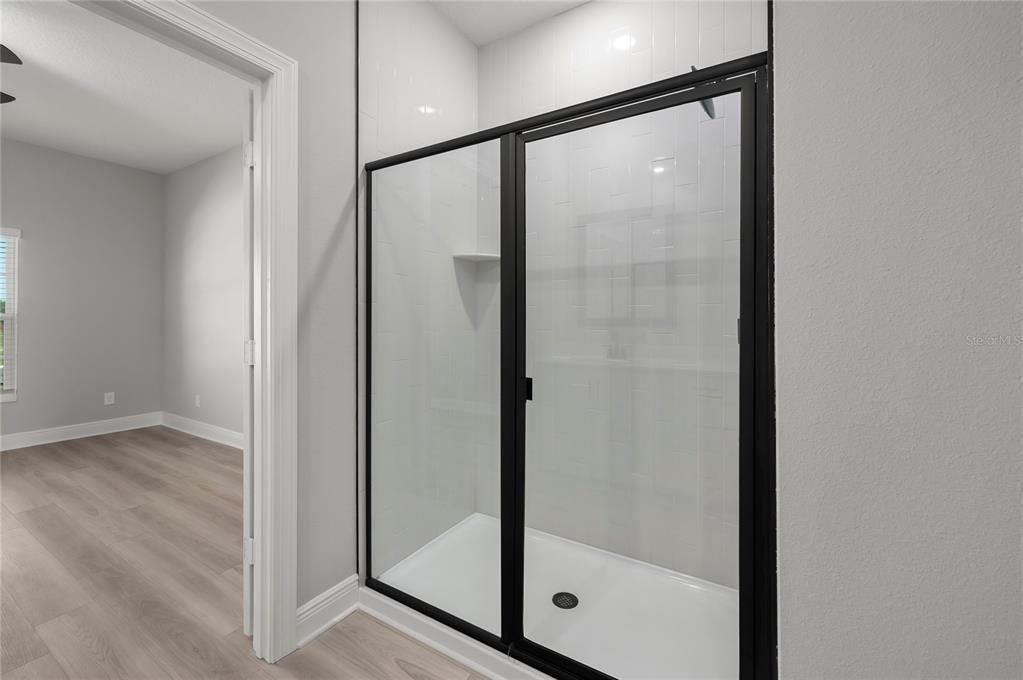 Bathroom, Glass Shower, Interior, Recessed Lighting, Wood Texture Flooring