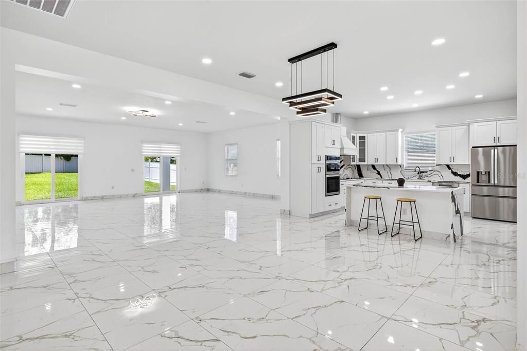 Interior, Kitchen, Marble, Pendant Lights, Recessed Lighting, Stainless Steel Appliances