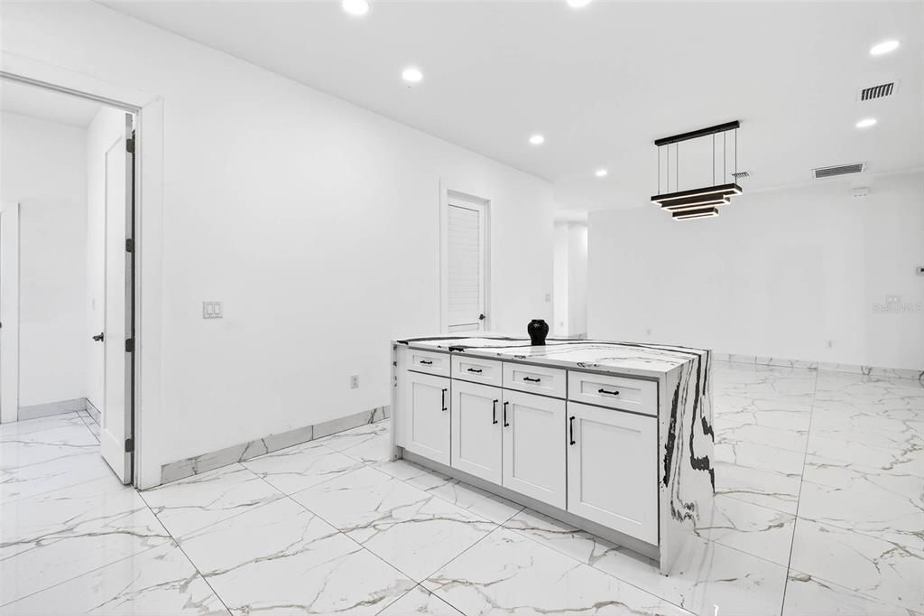 Interior, Kitchen, Marble, Pendant Lights, Recessed Lighting
