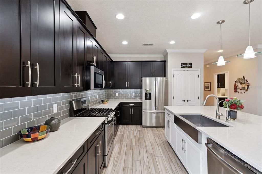 Interior, Kitchen, Pendant Lights, Recessed Lighting, Stainless Steel Appliances, Wood Texture Flooring