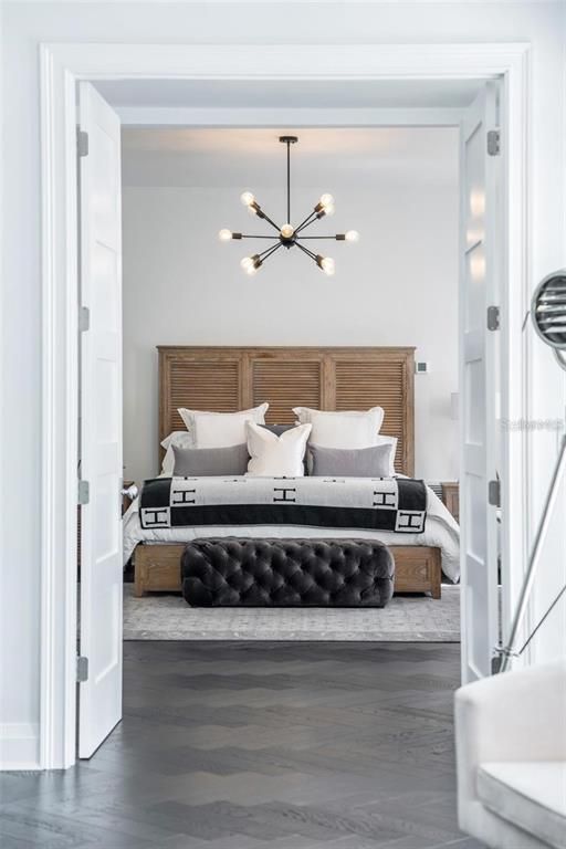 Bedroom, Interior, Pendant Lights, Wood Texture Flooring