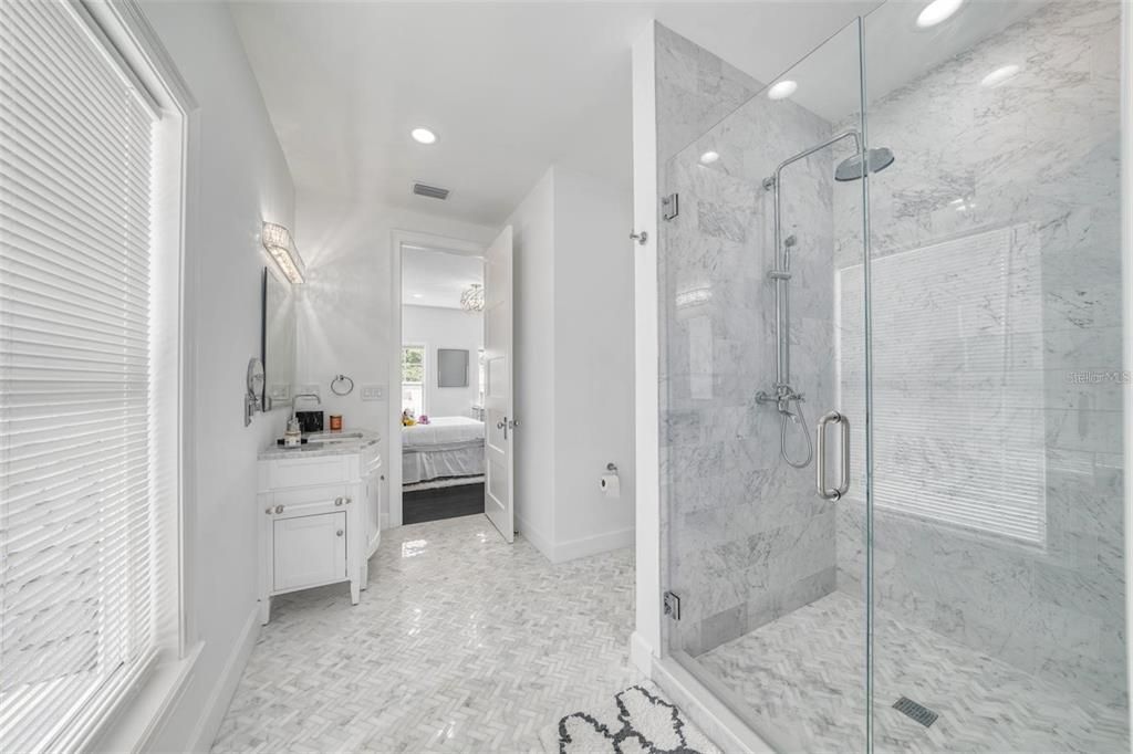Bathroom, Bedroom, Glass Shower, Interior, Marble Walls, Recessed Lighting