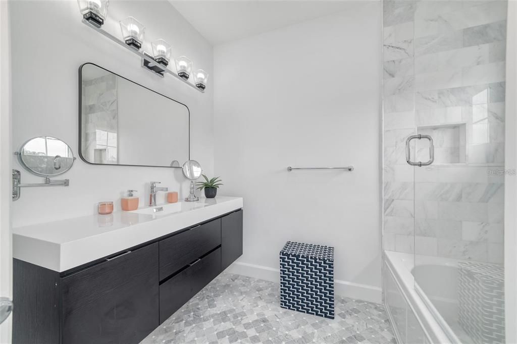 Bathroom, Dual Sink Vanities, Glass Shower, Interior, Marble Walls