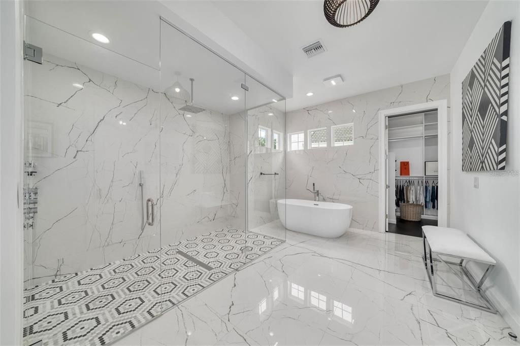 Bathroom, Glass Shower, Interior, Marble, Marble Walls, Recessed Lighting