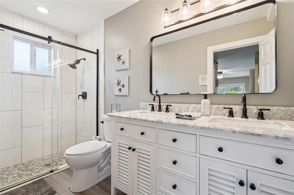 Bathroom, Dual Sink Vanities, Glass Shower, Interior, Recessed Lighting