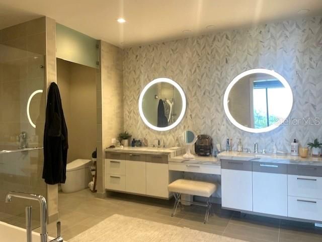 Bathroom, Dual Sink Vanities, Glass Shower, Interior, Recessed Lighting