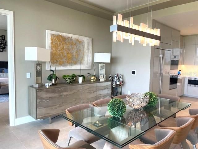 Chandelier, Dining room, Interior, Kitchen, Pendant Lights, Recessed Lighting, Stainless Steel Appliances