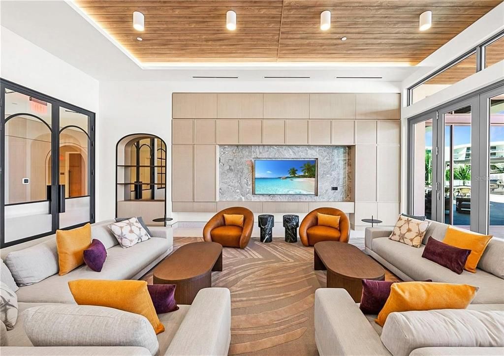 Interior, Living room, Recessed Lighting, Wooden Ceilings