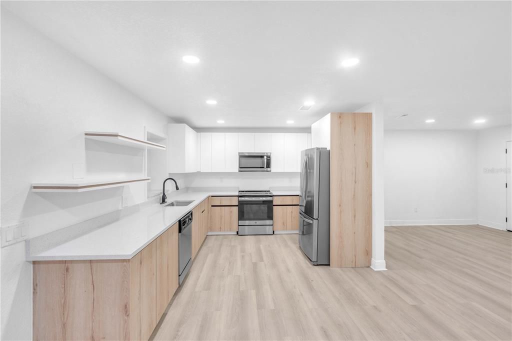 Interior, Kitchen, Recessed Lighting, Stainless Steel Appliances, Wood Texture Flooring