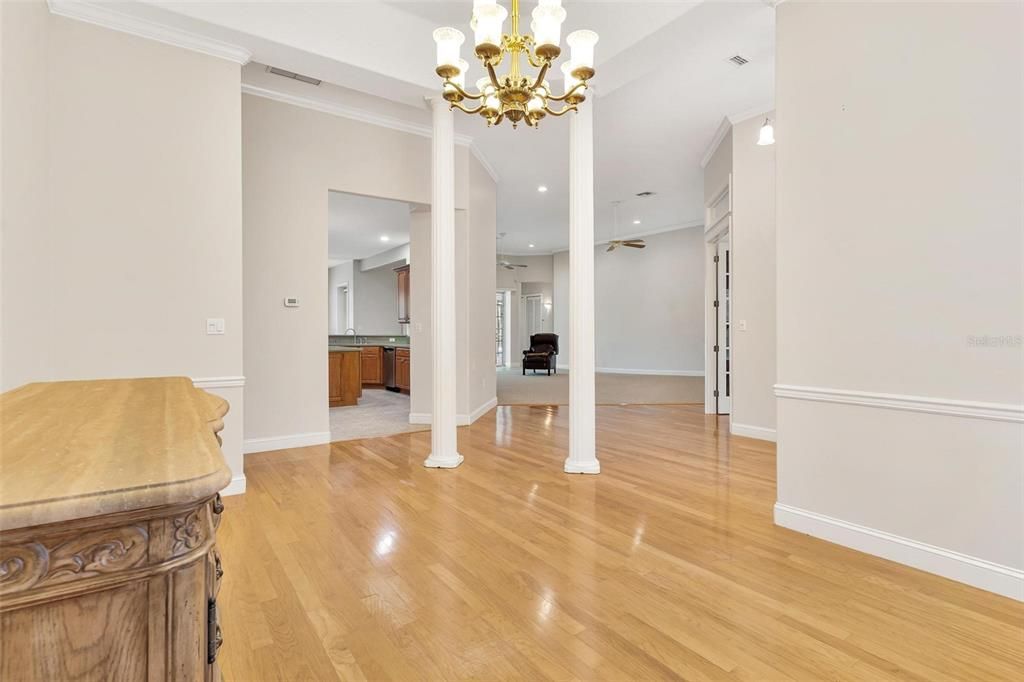Chandelier, Empty room, Interior, Recessed Lighting, Wood Texture Flooring