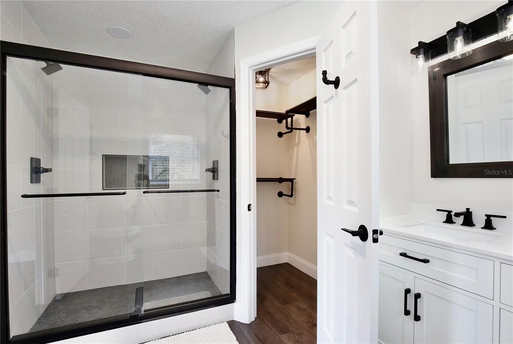 Bathroom, Glass Shower, Interior, Wood Texture Flooring