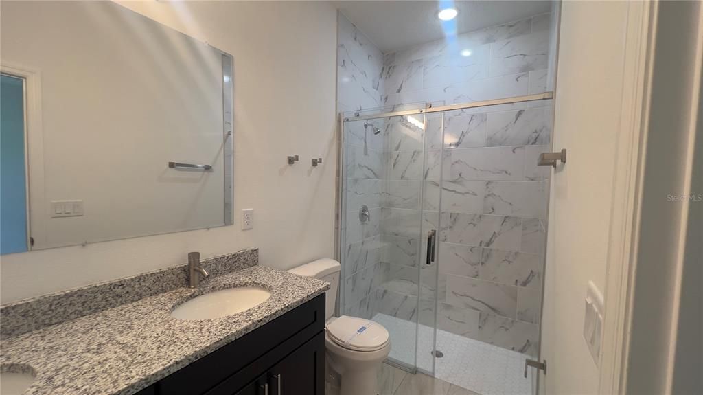 Bathroom, Glass Shower, Interior, Marble Walls, Recessed Lighting