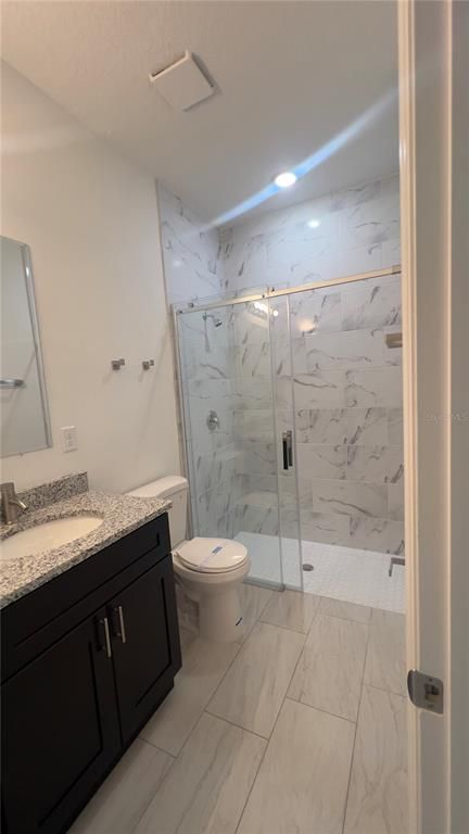Bathroom, Glass Shower, Interior, Marble, Marble Walls, Recessed Lighting