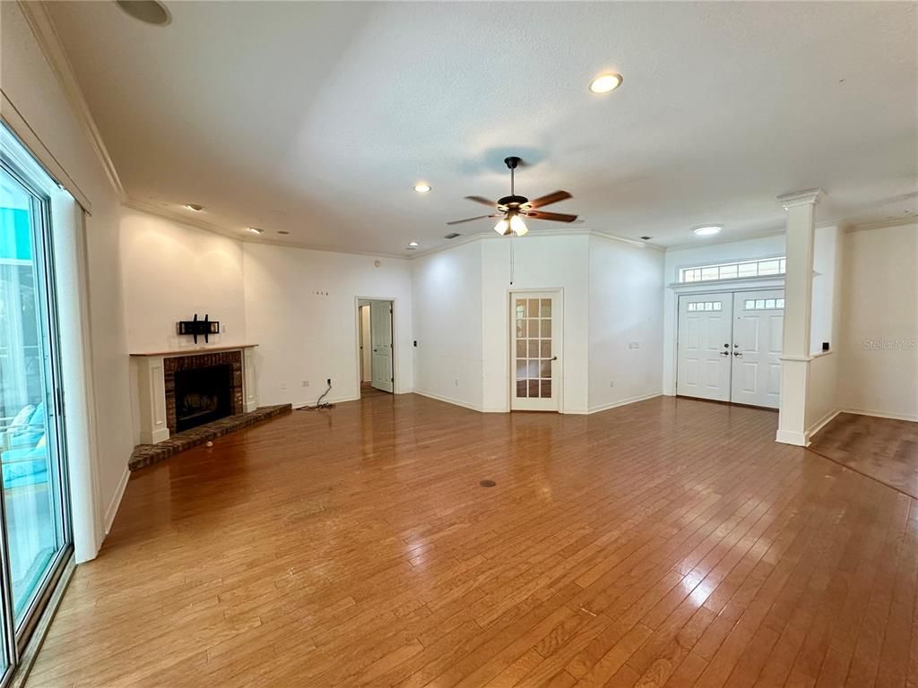 Empty room, Fireplace, Interior, Recessed Lighting, Wood Texture Flooring