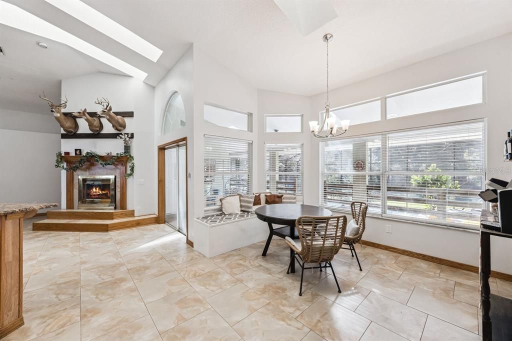 Chandelier, Dining room, Fireplace, Interior