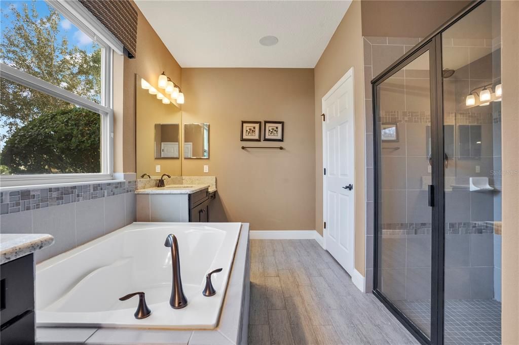 Bathroom, Glass Shower, Interior, Wood Texture Flooring