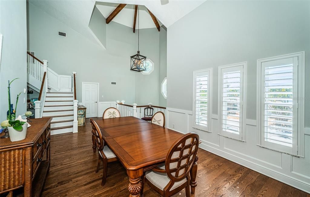 Dining room, Interior, Pendant Lights, Wood Texture Flooring