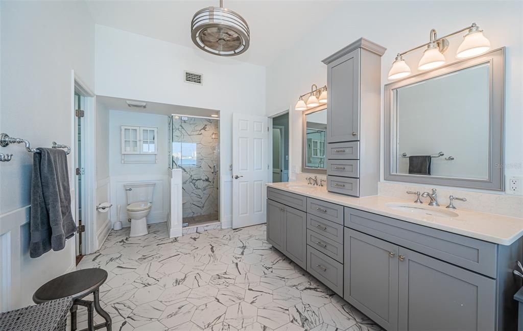 Bathroom, Dual Sink Vanities, Glass Shower, Interior, Marble, Marble Walls