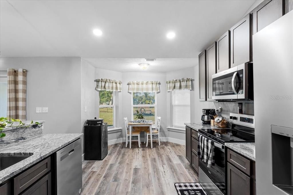 Dining room, Interior, Kitchen, Recessed Lighting, Wood Texture Flooring