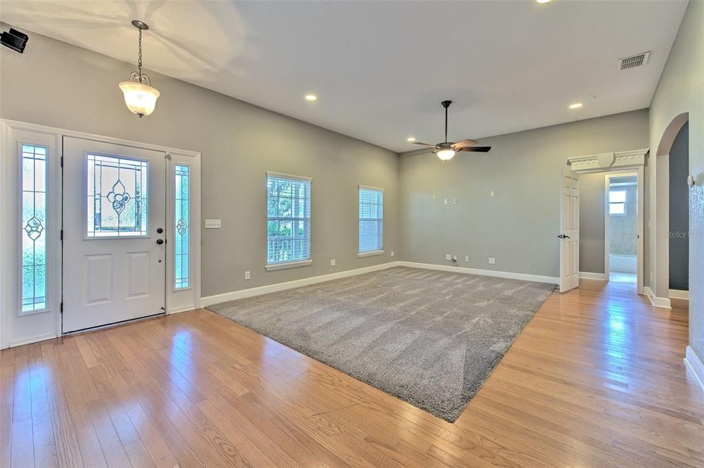 Empty room, Interior, Pendant Lights, Recessed Lighting, Wood Texture Flooring
