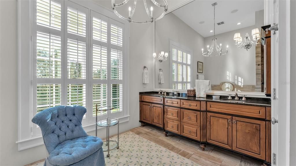 Bathroom, Chandelier, Dual Sink Vanities, Interior, Pendant Lights, Recessed Lighting, Wood Texture Flooring