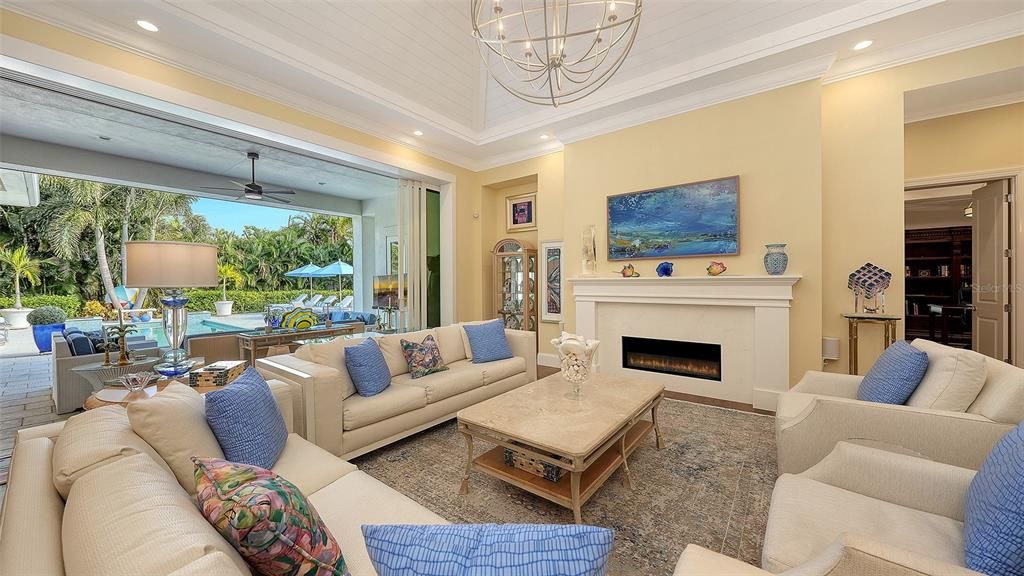 Chandelier, Fireplace, Interior, Living room, Recessed Lighting