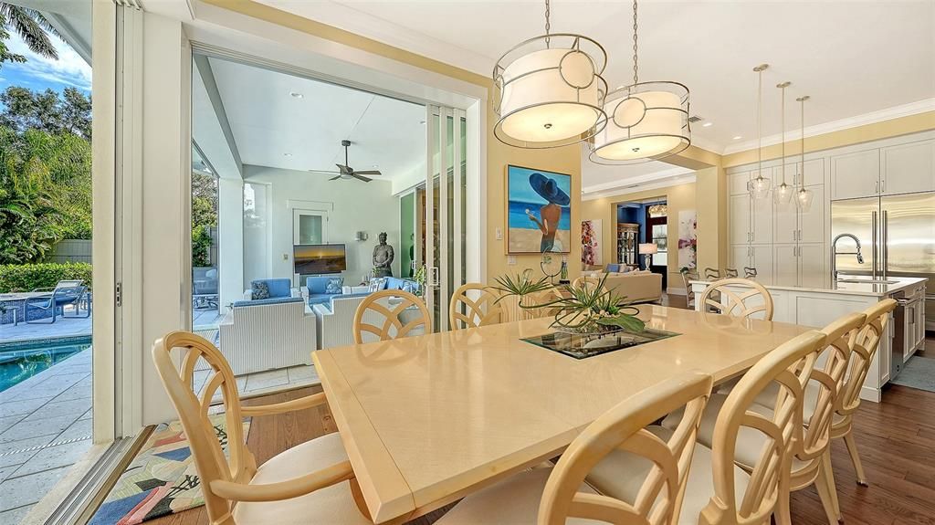Dining room, Interior, Kitchen, Pendant Lights, Recessed Lighting, Stainless Steel Appliances, Wood Texture Flooring