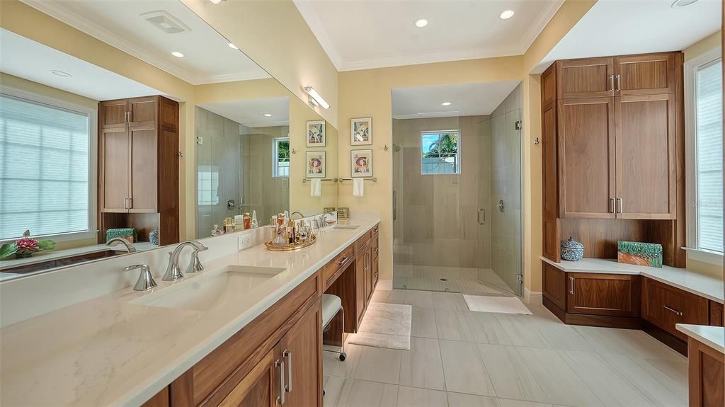 Bathroom, Dual Sink Vanities, Glass Shower, Interior, Recessed Lighting