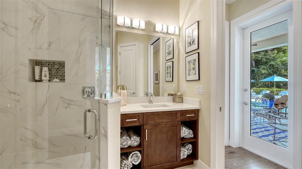 Bathroom, Glass Shower, Interior, Marble Walls, Wood Texture Flooring