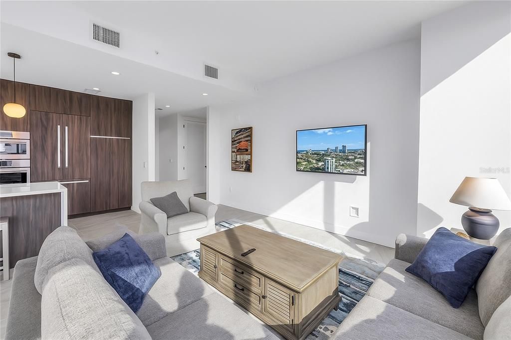 Interior, Kitchen, Living room, Pendant Lights, Recessed Lighting, Stainless Steel Appliances, Wood Texture Flooring