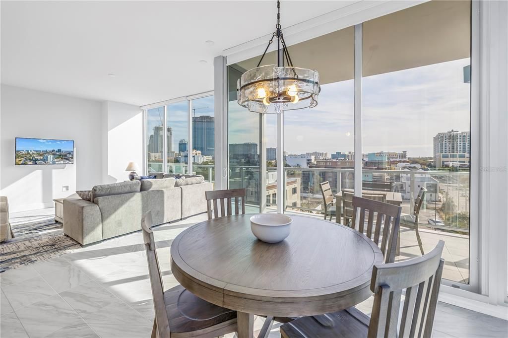 Dining room, Interior, Marble, Pendant Lights, Water, Skyline
