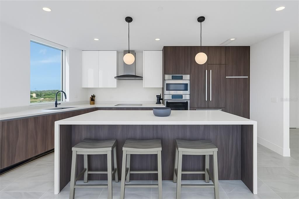 Interior, Kitchen, Marble, Pendant Lights, Recessed Lighting, Stainless Steel Appliances