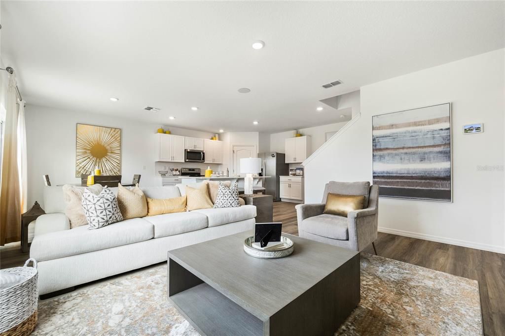 Dining room, Interior, Kitchen, Living room, Recessed Lighting, Stainless Steel Appliances, Wood Texture Flooring