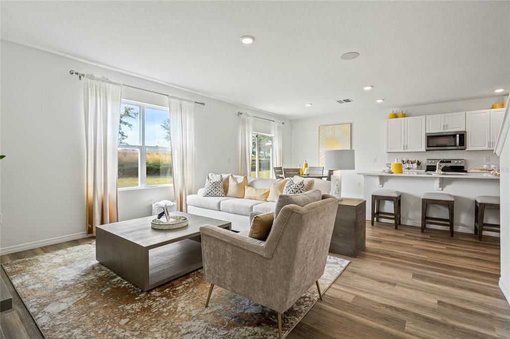 Interior, Kitchen, Living room, Recessed Lighting, Stainless Steel Appliances, Wood Texture Flooring