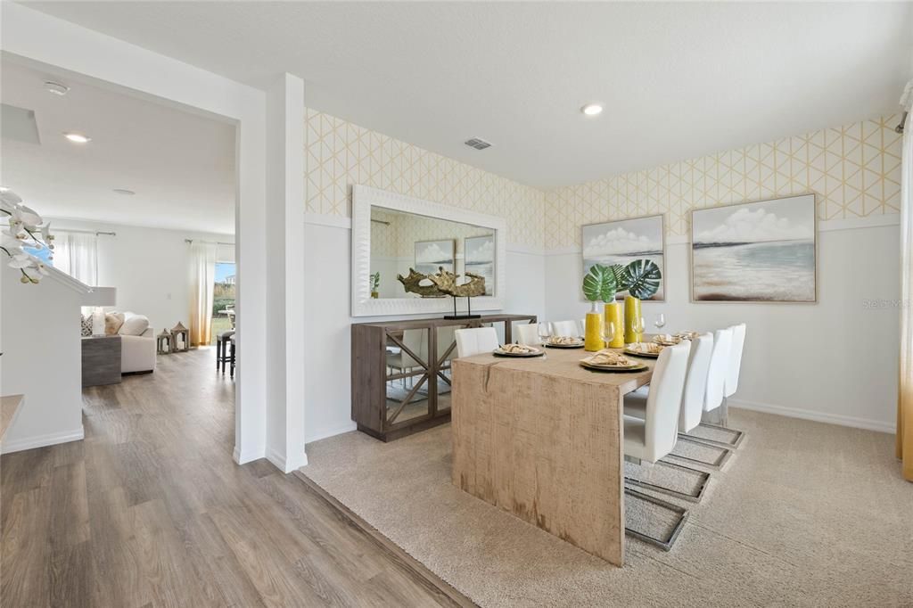 Dining room, Interior, Living room, Recessed Lighting, Wood Texture Flooring