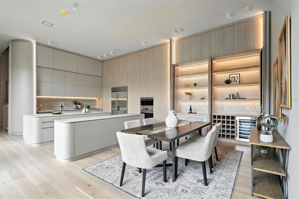 Dining room, Interior, Kitchen, Recessed Lighting, Stainless Steel Appliances, Wood Texture Flooring