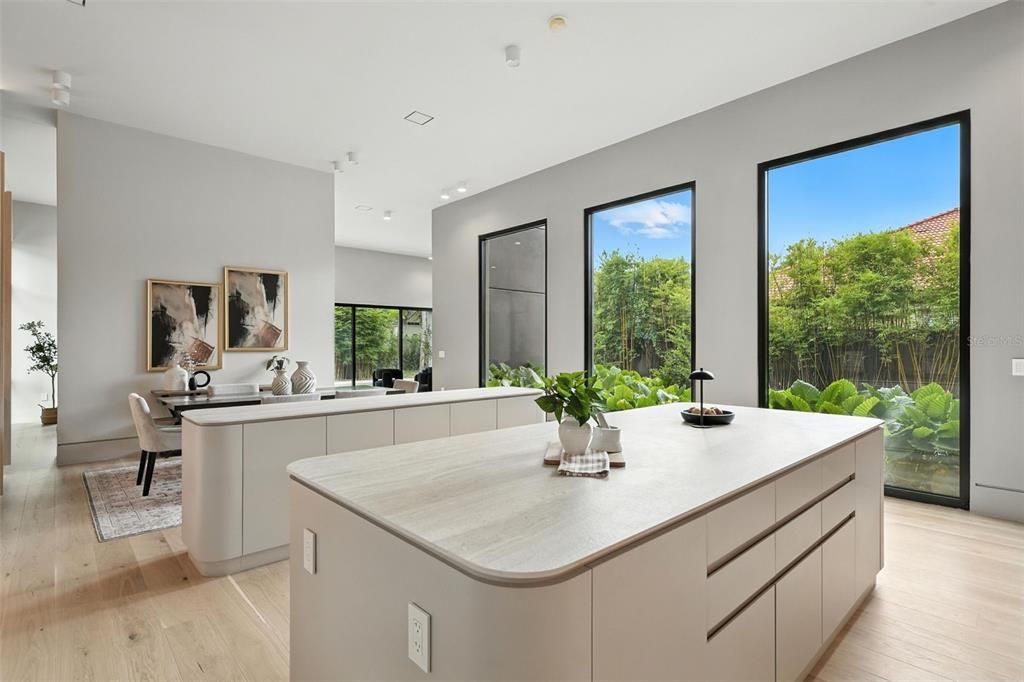 Dining room, Interior, Living room, Recessed Lighting, Wood Texture Flooring