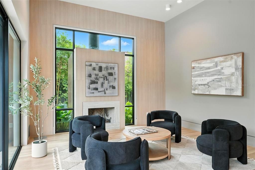 Fireplace, Interior, Living room, Recessed Lighting, Wood Texture Flooring