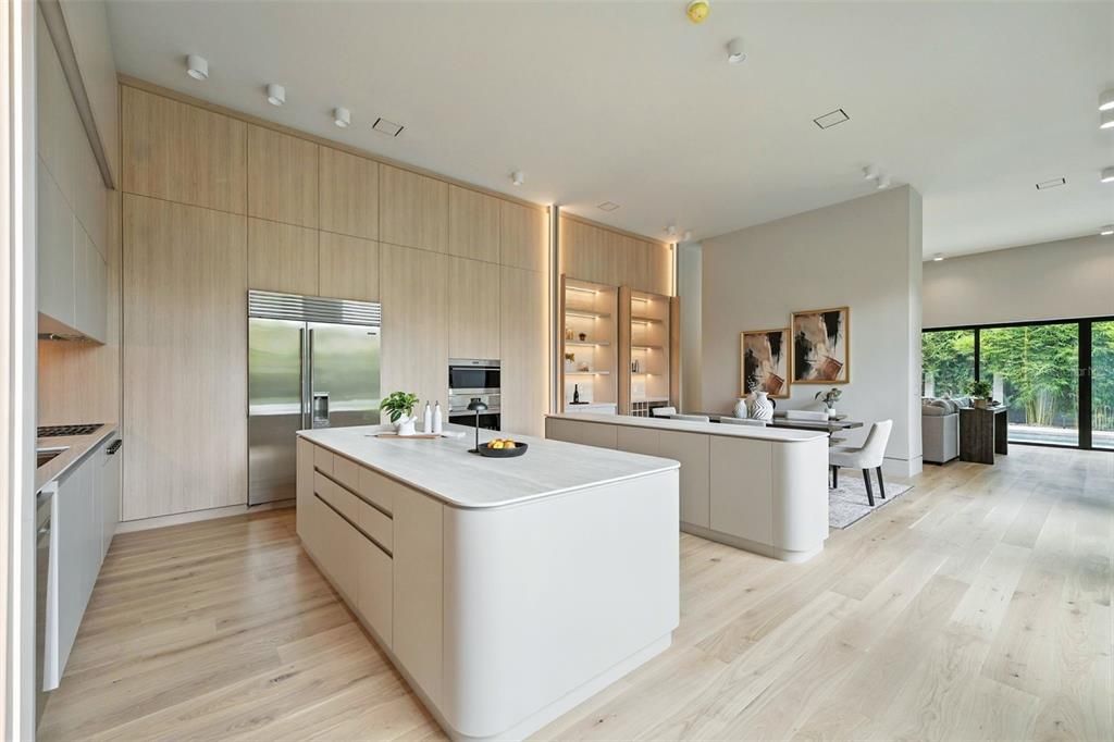 Dining room, Interior, Kitchen, Recessed Lighting, Stainless Steel Appliances, Wood Texture Flooring
