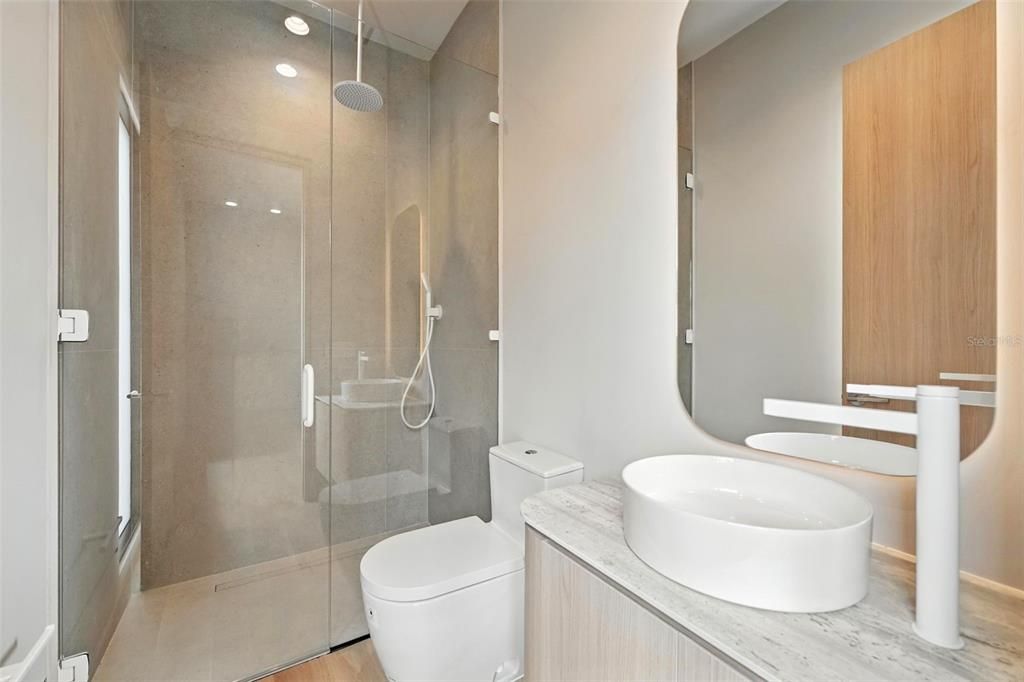 Bathroom, Glass Shower, Interior, Recessed Lighting, Wood Texture Flooring