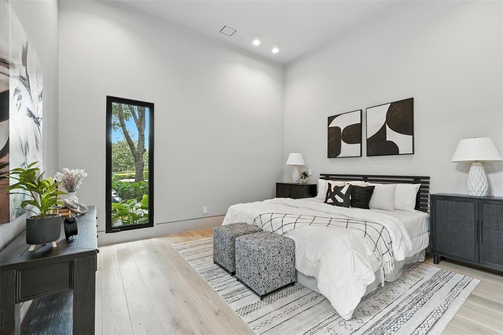 Bedroom, Interior, Recessed Lighting, Wood Texture Flooring