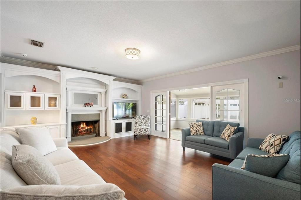 Fireplace, Interior, Living room, Recessed Lighting, Wood Texture Flooring