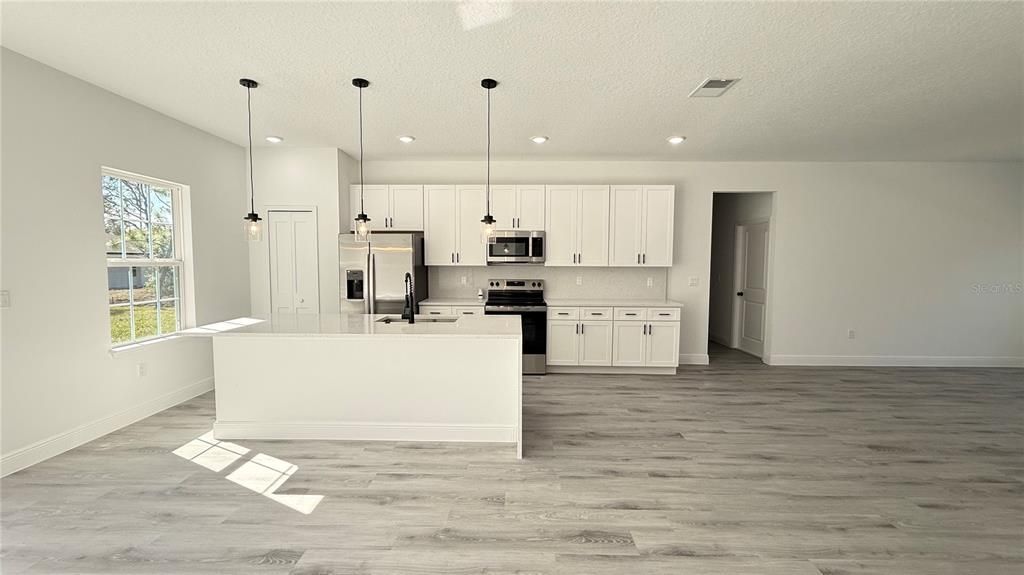 Interior, Kitchen, Pendant Lights, Recessed Lighting, Stainless Steel Appliances, Wood Texture Flooring