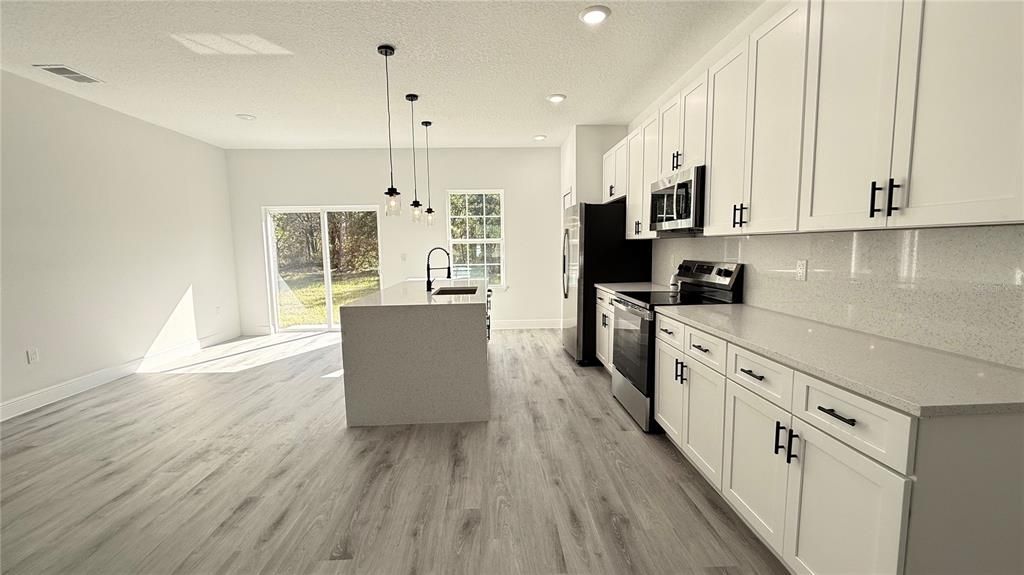 Interior, Kitchen, Pendant Lights, Recessed Lighting, Stainless Steel Appliances, Wood Texture Flooring