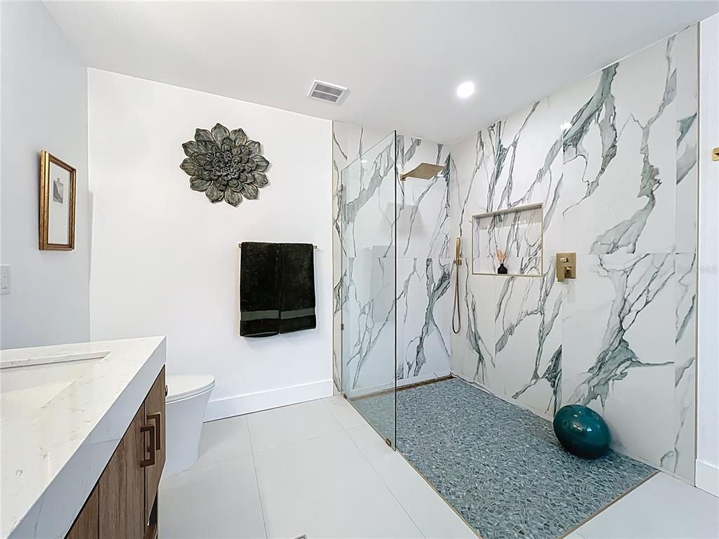 Bathroom, Glass Shower, Interior, Marble Walls, Recessed Lighting