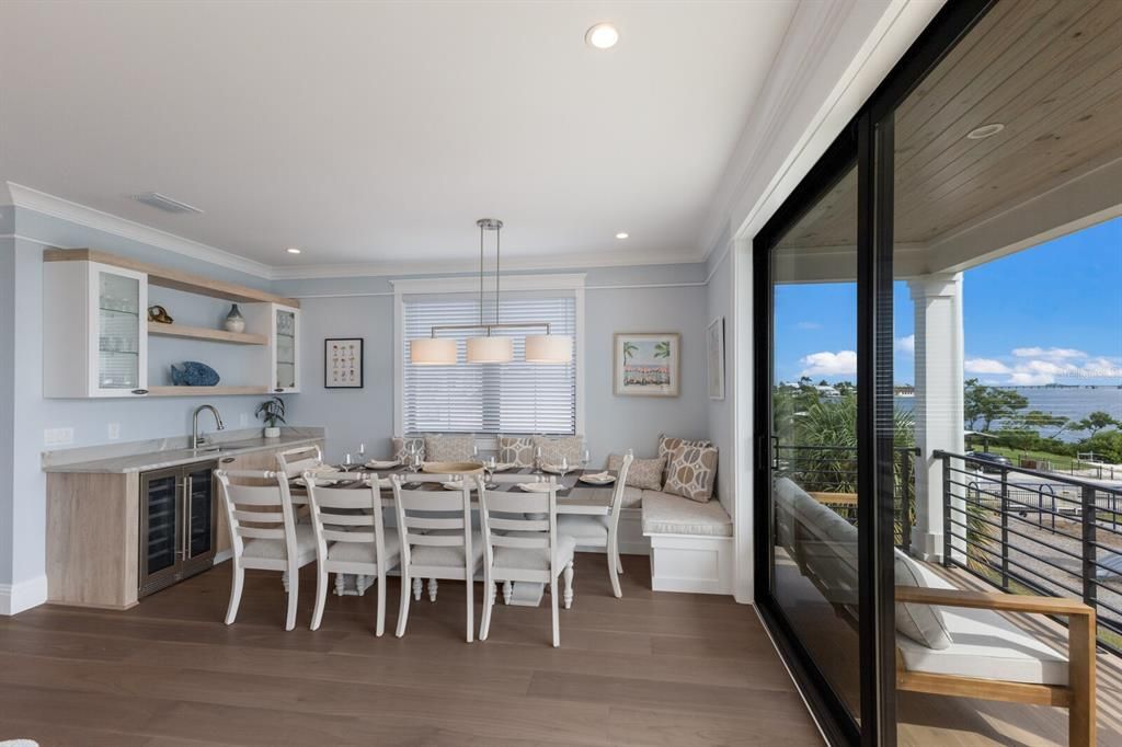Dining room, Interior, Pendant Lights, Recessed Lighting, Water, Wood Texture Flooring
