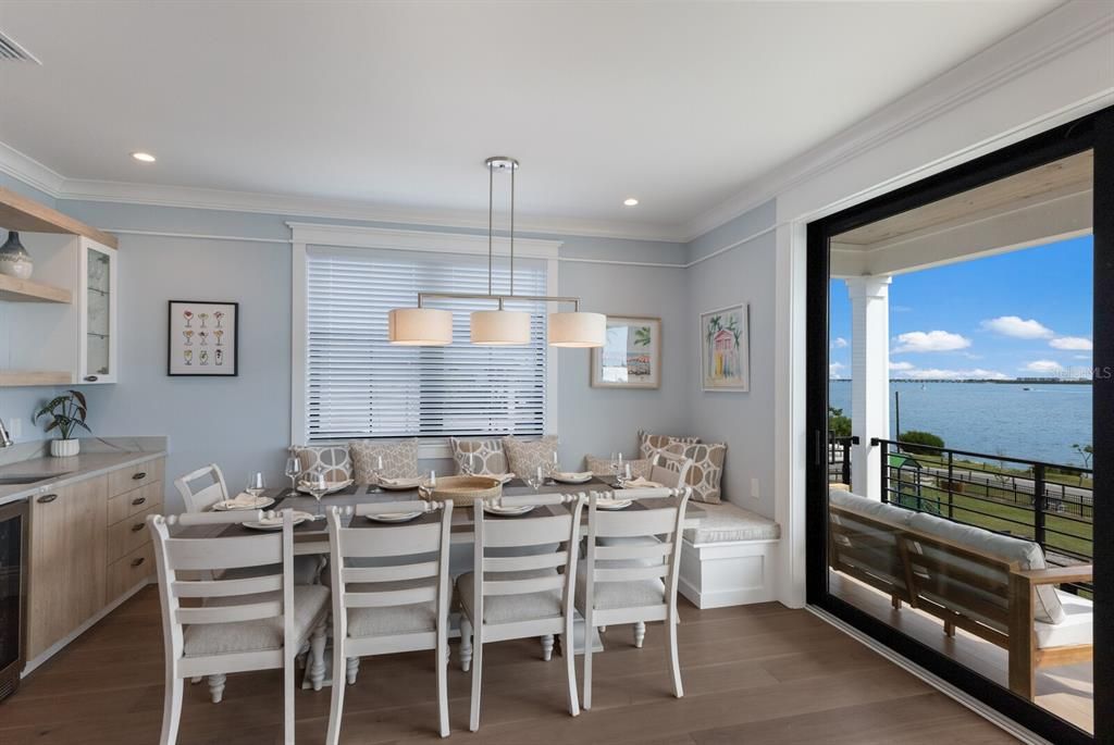 Dining room, Interior, Pendant Lights, Recessed Lighting, Water, Wood Texture Flooring